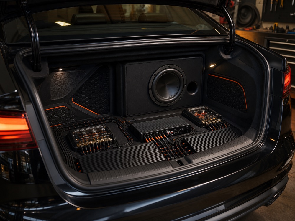 High-end car audio with DSP amplifiers and subwoofer