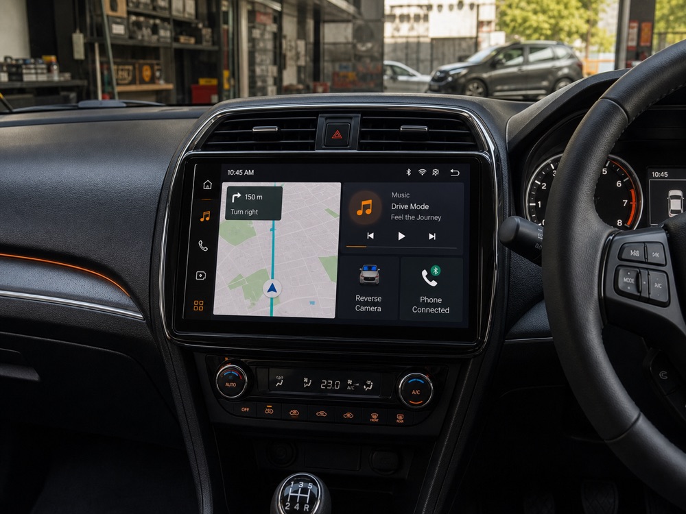 Android infotainment touchscreen integrated into a car dashboard