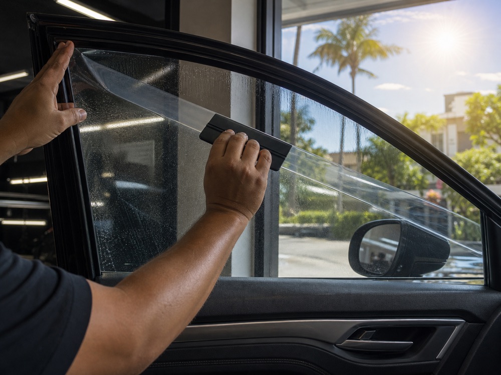 High-clarity heat-control solar film being applied to a car window